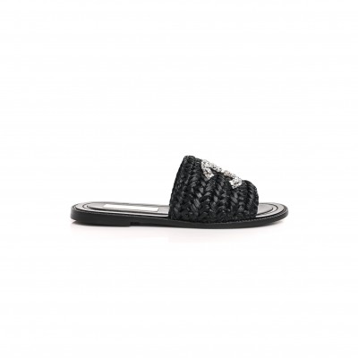 CHANEL RAFFIA CRYSTAL CC MULES SANDALS 1319546
